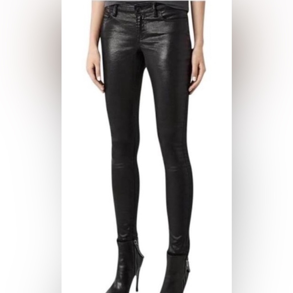 Allsaints midrise stretch wax coated black denim size 29 moto ankle skinny Jean